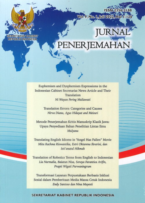 					View Vol. 9 No. 1 (2022): Jurnal Penerjemahan 
				